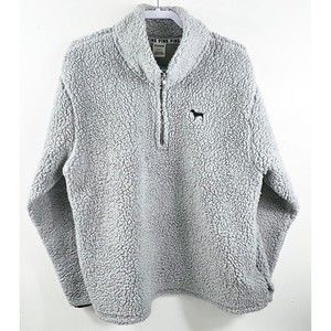 Victorias Secret Pink Womens 1/4 Zip Pullover Sherpa Sweatshirt Gray Mock Neck L